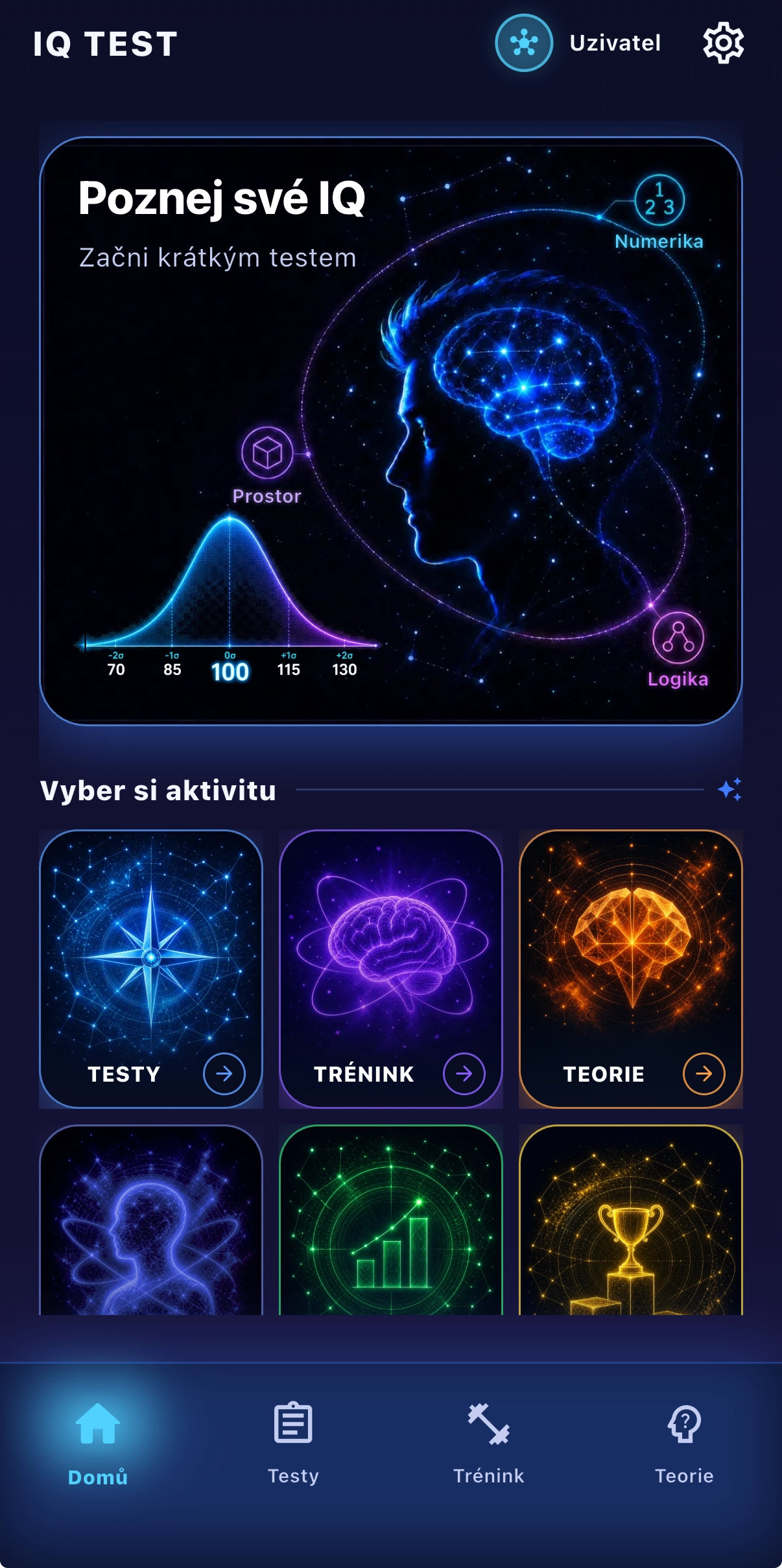 Domovská obrazovka aplikace IQ Test